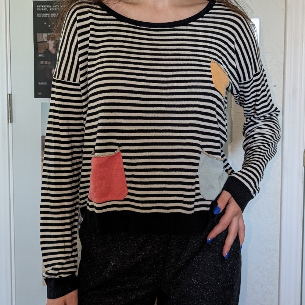 Anthropology Striped Knit Tee with Colorful Pockets